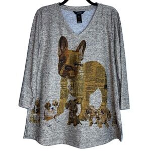 Ali Miles Womens XL‎ Gray V-Neck Novelty Dog Puppy Knit Tunic Pullover NWT